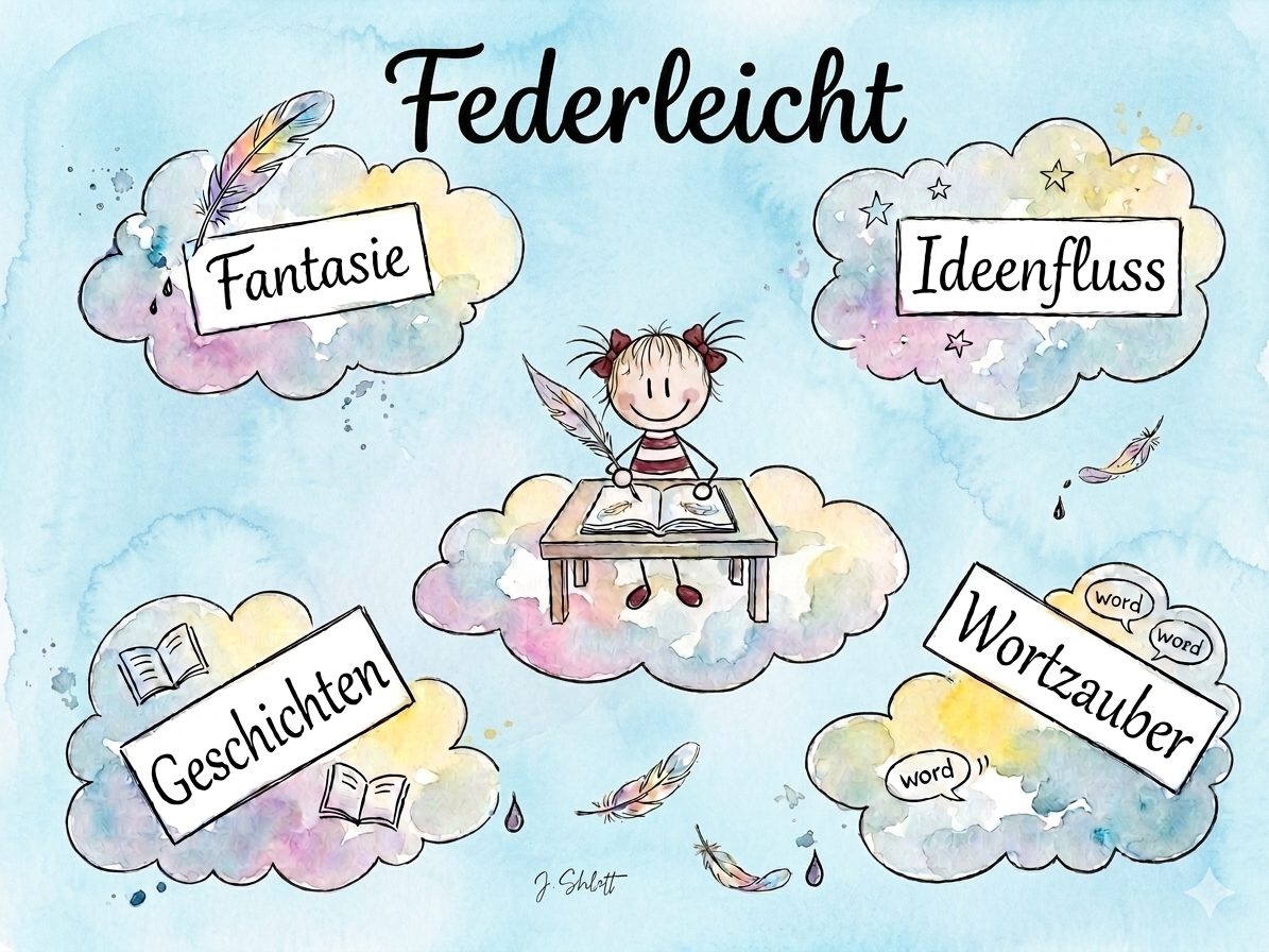 Federleicht — Aquarell mit Wolken, Federn und Worten, die leise fließen.